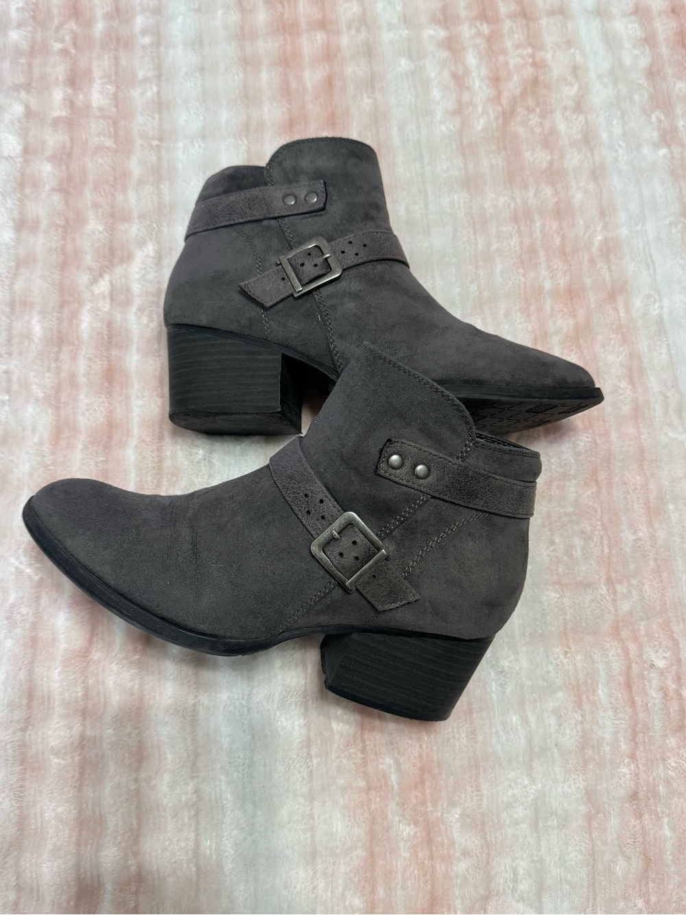 White Mountain Gray Suede Buckle Ankle Booties